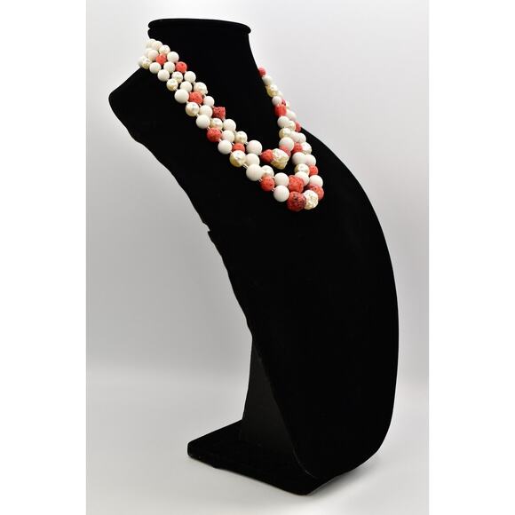 Japan Vintage Beaded Necklace Orange White Pearl Layered Chunky Signed 60s Bin7B - Picture 3 of 12